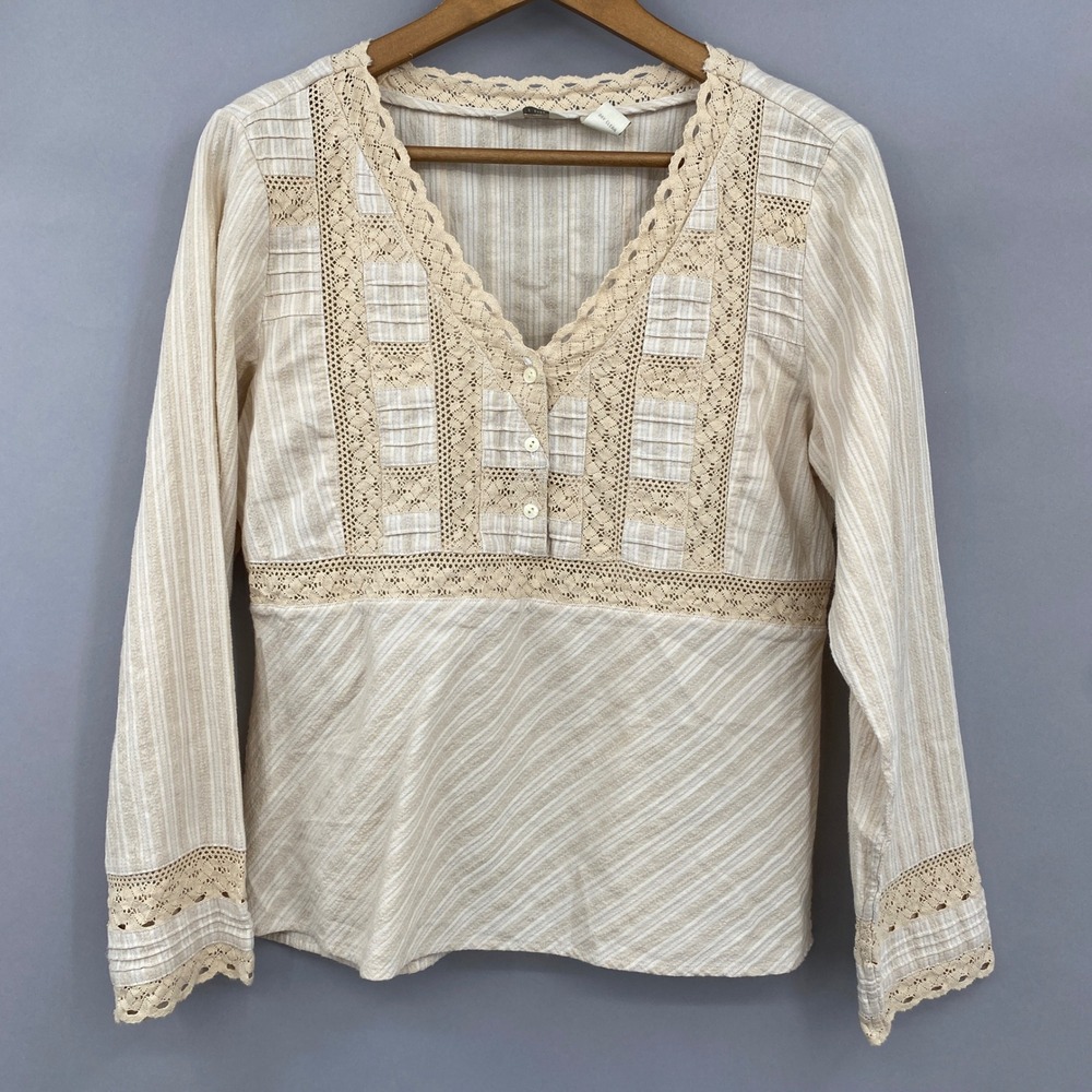 Vintage 90s J. Jill Striped Lace Pintuck Blouse Women 10 Boho Cottagecore Cream